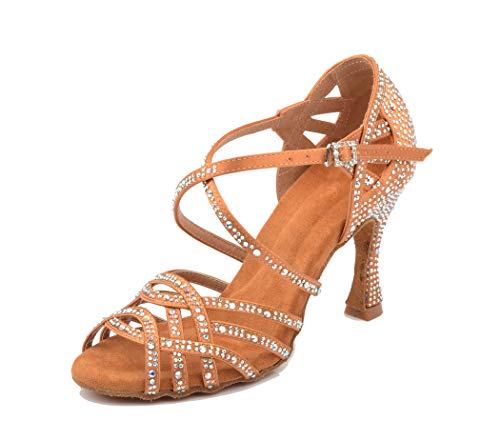 TDA Women's Flared Heel Brown Satin Rhinestones Cut-out Rumba Samba Tango Latin Dance Shoes Wedding Praty Sandals 10 M US