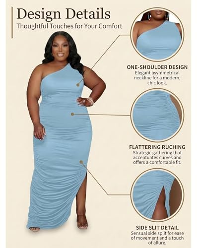 Image of Womens Sexy Plus Size One Off Shoulder Sleeveless Bodycon Ruched Evening Pencil Party Maxi Dresss