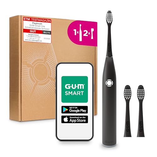 GUM SMART ONE elektrische Zahnbürste | Geschwindigkeitskontrolle | Timer | 4 Putzmodi | 6 Wochen Akkulaufzeit | GUM SMART App | 1x Schall-Zahnbürste | 2x Bürstenköpfe | Schwarz