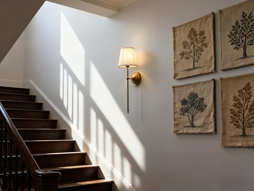 Image of Phansthy Hardwired Brass Boho Wall Sconces Set of 2, Vintage Industrial Wall Lights 2 Pack, Vanity Light Wall Lamps with Lace Gauze Shade for Bedroom Living Room Hallway Decor (Antique + White Shade)
