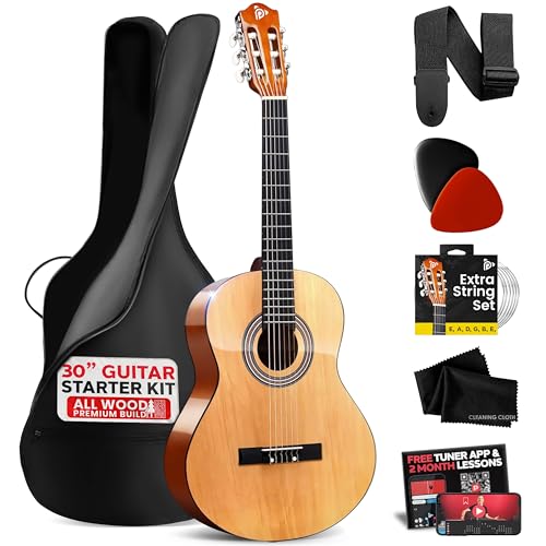Pyle Beginner 6 String Acoustic Guitar Kit, 1/4 Junior Size Classical Instrument for Students, 30' Natural Gloss