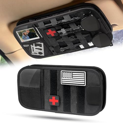 Drsvabze Molle Car Sun Visor Organizer - Tactical Storage Panel with 180 Zipper Pouch & Magnetic Glasses Clip & Photo Holder & Semi-Rigid Molle Panel for Military Gear (1 Black)
