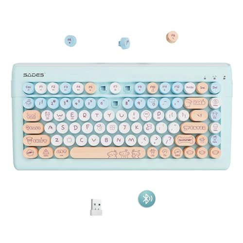 SADES Wireless Bluetooth Keyboard for Mac, iPad, iPhone, PC, Laptop & Android, Connect up to 3 Devices Simultaneously, Portable 84-Key Typewriter Retro Round Keycaps Keyboard -Light Blue