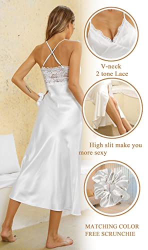 Alcea Rosea Womens Sleepwear Lace Lingerie Chemises V Neck Nightgown Sexy Long Sleep Dress Sleeveless Lace For Women Elegant (Pearl White, L) #TOP1