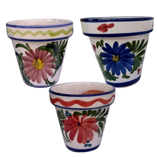 R&M essentials- Set de 3, Macetas de Ceramica, Ø 20cm, Maceteros Decorativos Interior - Exterior - Artesanales Pintados a Mano