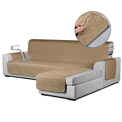 TAOCOCO Waterproof L Shaped Couch Cover Sectional Sofa Cover, 1 Piece Reversible Pet Couch Cover with Chaise Lounge for Sectional Sofa L Shape with Straps for Kids Pets(Large, Camel)