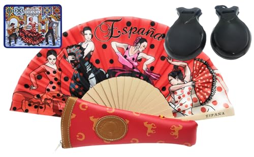 Planta Color Pack Flamenco con Abanico de Bambú, Funda Artesanal Hecha en España, Castañuelas de Madera e Imán – Detalle Tradicional Español (Flamenco rojo Castañuelas negras) Planta Color Pack Flamenco con Abanico de Bambú, Funda Artesanal Hecha en España, Castañuelas de Madera e Imán – Detalle Tradicional Español (Flamenco rojo Castañuelas negras)