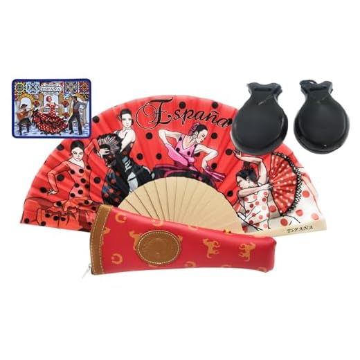Planta Color Pack Flamenco con Abanico de Bambú, Funda Artesanal Hecha en España, Castañuelas de Madera e Imán – Detalle Tradicional Español (Flamenco rojo Castañuelas negras)