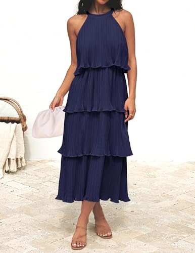 Image of ZESICA Women's 2026 Summer Sleeveless Halter Neck Ruffle Tiered Layered Chiffon Flowy Swing Long Midi Dress