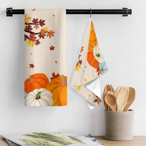 Image of Fall Kitchen Towels Orange Pumpkin Thanksgiving Hand Towels Maple Leaf Tree Dish Towel Cleaning Cloth Soft Absorbent Quick Drying 3 Pack Dish Cloths for Kitchen, Bathroom Autumn Decoration