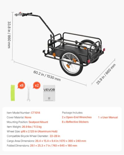 Image of VEVOR Bike Cargo Trailer, 88 /100 /130 /160 lbs Load Capacity, Heavy-Duty Bicycle Wagon Cart, Foldable Compact Storage with Universal Hitch