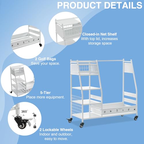 Lauren&Harold Golftaschen-Organizer, passend für 2 Taschen, Schläger und Zubehör, Garage, Schuppen, Keller, weiß