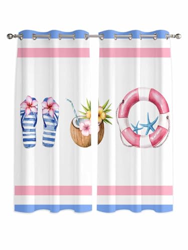 Summer Beach Window Curtains Panels with Silver Grommet,Ocean Coastal Slippers Stripes Coconut Kitchen Cafe Curtain Draperies Window Treatment Set for Living Laundry Room/Bedroom/Bathroom/Cafe,84x84