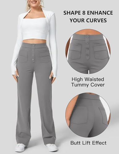Flygo Womens High Waisted Multiple Pockets Straight Leg Flexipants Stretchy Work Trousers Button Down Casual Pants(Grey Medium New)4