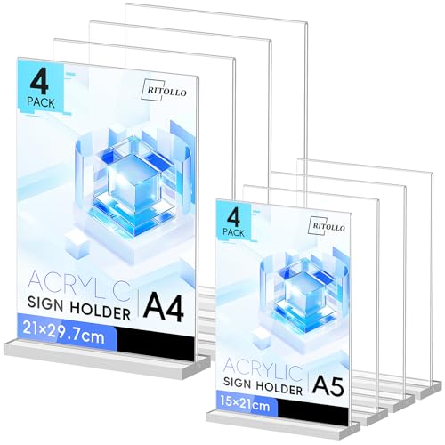Image of RITOLLO 8 Pack A4 & A5 Acrylic Sign Holder – Double Sided T-Shape Perspex Display Stands for Menu, Price & Notice, Clear Countertop Frames for Pub, Café, Restaurant, Office & Shop