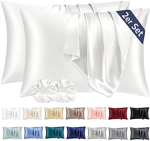 Vielit Satin Kissenbezug 40x60 2pc, wie EIN Seidenkissenbezug Ivory | Satin Pillowcase Hotelverschluss mit 2 Scrunchies, Glatt wie Silk Pillowcase, Gut für Haar und Haut，Öko-Zertif
