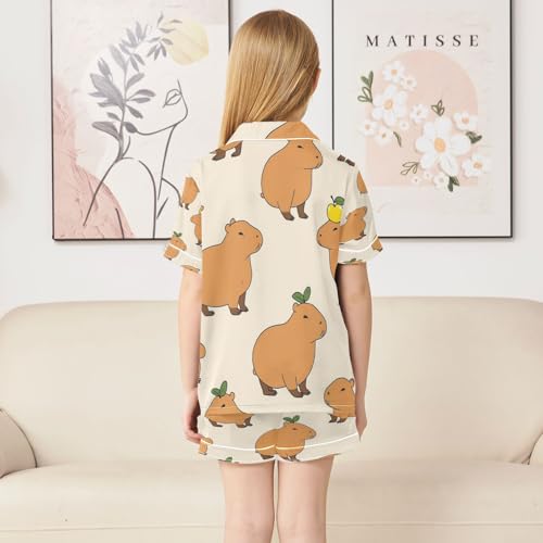 Satin Pajama Sets Short Sleeve Cute Capybaras Apples Button Down Silky Nightwear 2 Piece PJS 5-14Y4