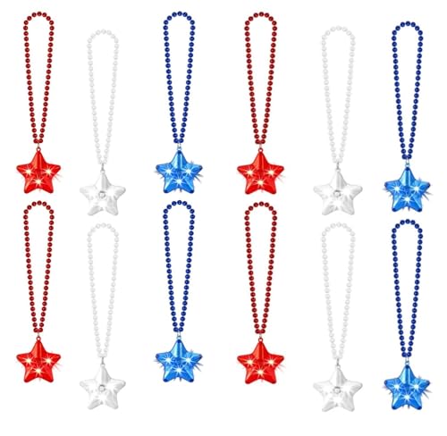 NUDALA 12 Pack Red Blue White Glow Star Necklace Bulk Beaded Necklaces for July 4th Day Christmas Halloween Party Favors