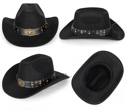 Image of Western-Cowboy-Hats for Women Men - Classic Wide Brim Felt Fedora Unisex Upturn Bull Head Cowgirl Caps with Buckle Belt
