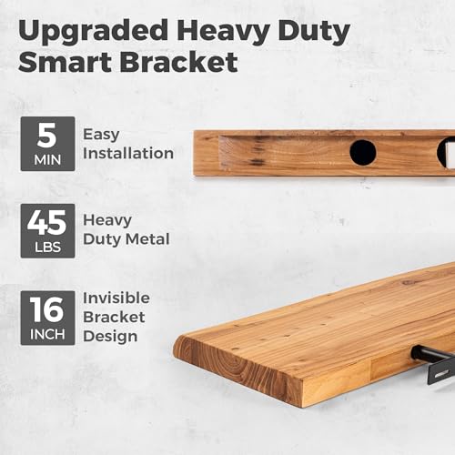 Image of RICHFOCUS Live Edge Elm Floating Shelves - 20 inch W x 9.3 inch D Rustic Solid Wood Wall Shelves with Invisible Bracket, Wall-Mounted for Living Room, Bedroom, Kitchen Storage & Display, Set of 2, Natural