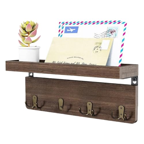 Pakabi木製エントリーキーラック、グリーンプラント、バスルームアメニティ収納ラ ック、壁掛けレター収納、壁掛け、木製、フック8個、小型棚(マルチカラー)37*15.5*10cm (BH-TZ026)