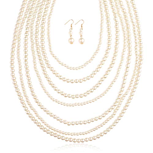 Chunky Cluster Bead Bubble Statement Necklace - Multi Strand Colorful Ball Hammock Collar, Sparkly Crystal Braided Twisted Bib (Multilayer - Cream Pearl)