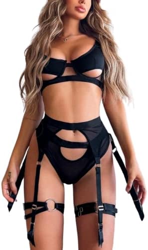 Kaei&Shi Garter Lingerie for Women,Underwire Peekaboo Cutout Strappy Sexy Lingerie,Thong Matching Thigh Straps 4 Piece Lingerie Set Petite Boudoir Black Small