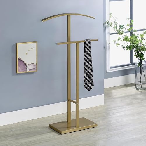 Image of Kings Brand Furniture Dossi Modern Metal Suit Valet Stand, Clothes Rack Organizer with Jacket, Pants & Tie Holder, Space-Saving Garment Rack for Bedroom or Closet (Gold)