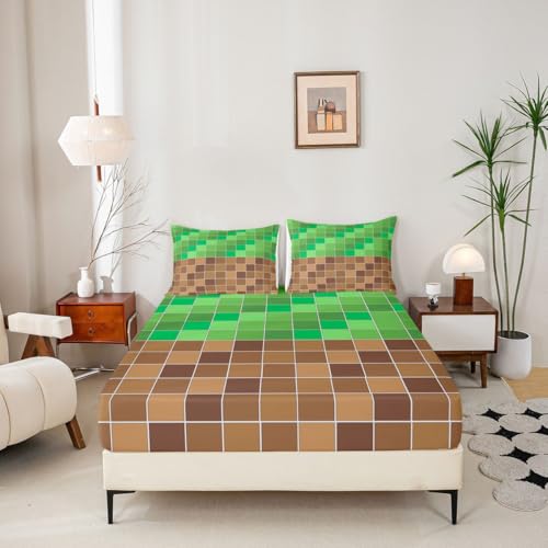 Image of Erosebridal Gaming Plaid Bed Sheets King Geometric Checkered Gamer Sheet Set Checkerboard Games Bedding Set for Kids Boys Girls,Brown Green Grids Fitted Flat Sheets 4 Piece