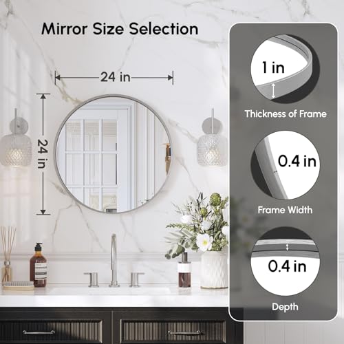Image of 24 Inch Brushed Nickel Round Bathroom Mirror for Over Sink | Circle Mirror with Metal Frame, Wall Mirror for Vanity, Entryway, Living Room, Hallway and Bedroom Decor