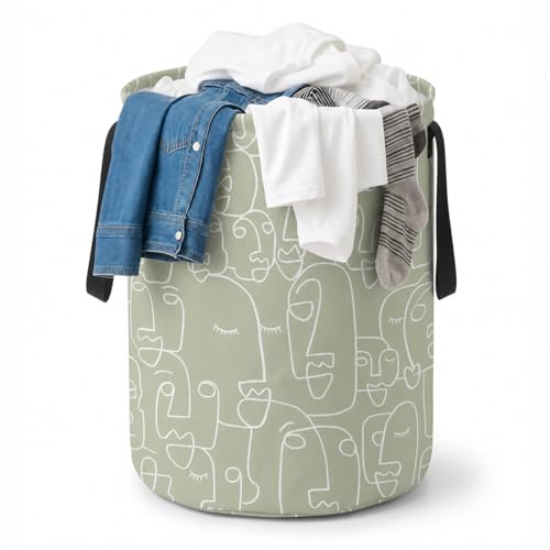 PrettyKrafts 45L Cotton Outline Printed Round Foldable Large Laundry Bag/Basket With Handle, Collapsible Freestanding Cl...