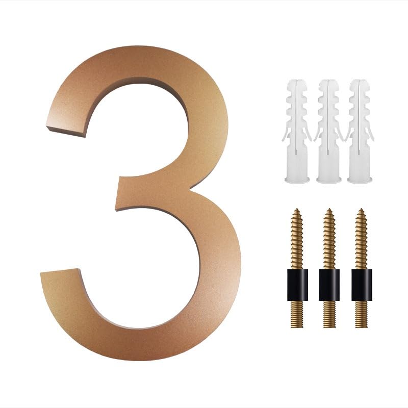 Hausnummer 8 Zoll große schwebende Hausnummern for draußen, 20 cm goldenes Adressschild, Hausnummern-Deko mit Nagel-Kits 0-9 ABCD Hausnummernschild(No. 3)