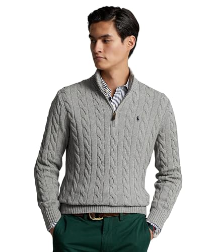 POLO RALPH LAUREN Long Sleeve Cotton Cable 1/2 Zip Fawn Grey