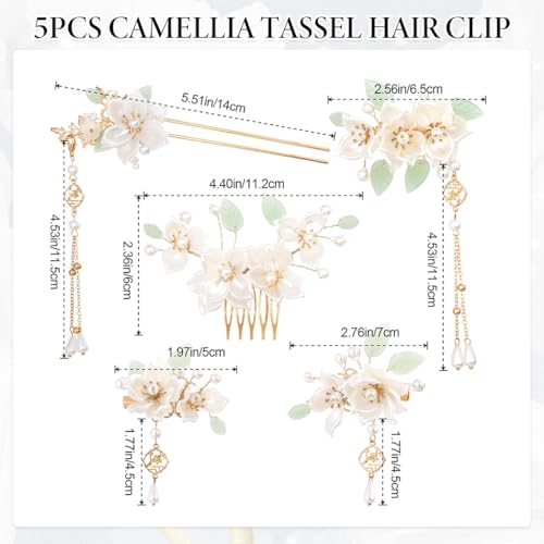 Image of MAYCREATE 5Pcs Camellia Flower Tassels Hair Pin Crystal Rhinestone Pearl Headpiece Retro Brides Hair Accessories for Women Girls Updo Long