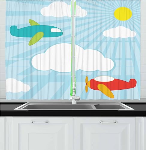 Ambesonne Nursery Airplane Kitchen Curtains, Retro Style Kids Cartoon Pattern with Aeroplanes Sunshine and White Clouds, Window Drapes 2 Panel Set for Kitchen Cafe Decor, 55