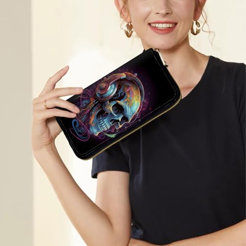 Image of Women's Wallets,Credit Card Holder Money Leather Long Wallet with Wristlet,Large Capacity with Zip-Around Phone Purse for Women Ladies Girls,Skull with Headphones