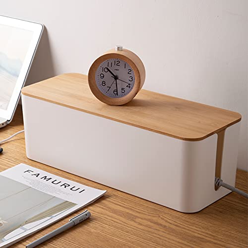 Image of cable wire organizer box cable manager box for office,home (wooden, white big) size: 40.5 * 15.7 * 13.6 cm