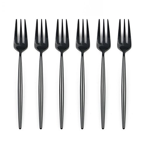 BRIIEC Black Gold 18/10 Stainles Steel Cake Forks Set 3 Tines Fruit Salad Fork, Slim Cutlery for Kitchen Hotel Restaurant Wedding Party, Mirror Finish, Dishwasher Safe, Pack of 6