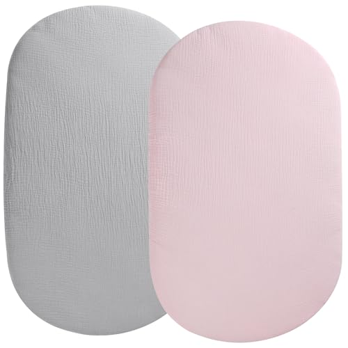 Image of Muslin Bassinet Sheet Compatible with UPPAbaby Bassinet, 2 Pack Cotton Stylish Boho Fitted Bassinet Sheets for Baby Grey & Pink
