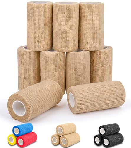 Image of AZEN 9 Pack Self Adhesive Bandage Wrap, 4 inch X 5 Yards Elastic Cohesive Bandage Wrap, Skin Color Athletic Tape, Ankle Tape, Tattoo Grip Tape Wrap, Vet Wrap