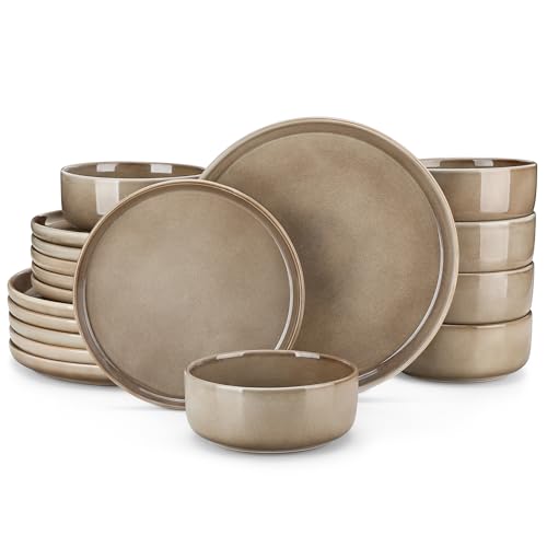 Image of vancasso PLAYA Plates and Bowls Sets, 18 Pieces Dark Brown Dinnerware Sets for Kitchen, Reactive Glaze Dishes Set for 6, Dishwasher and Microwave Safe