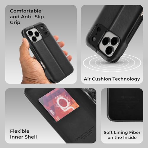 Image of PULOKA Premium PU Leather Flip Cover Compatible with Apple iPhone 17 Pro - Slim Wallet Case with Card Slot, Magnetic Closure, Kickstand Stand Function & Full Body Protection (Black)