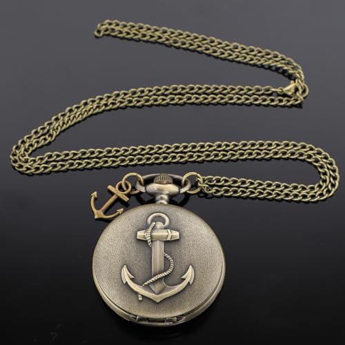Image of Tiong Pocket Watch Anchor Pattern Design Roman Numerals Quartz with Chain Birthday Gifts