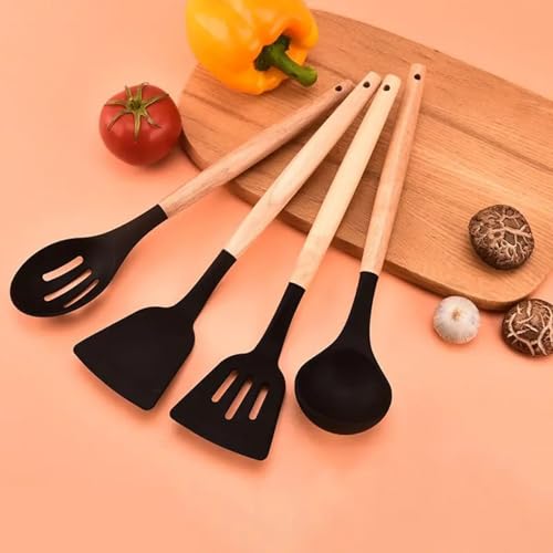 Image of DecorTwist Silicone Spatula Set for Cooking - 12 Piece Kitchen Utensils Set with Wooden Handle | Heat Resistant 230C | BPA Free, Food Grade, Non-Stick & Dishwasher Safe | Blackz