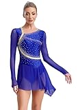 Alvivi Vestido Patinaje sobre Hielo de Manga Larga para Mujer Vestido de Lírico Maillot Danza con Falda Gasa y Pedrería Brillante Disfraz de Bailarina Azul S
