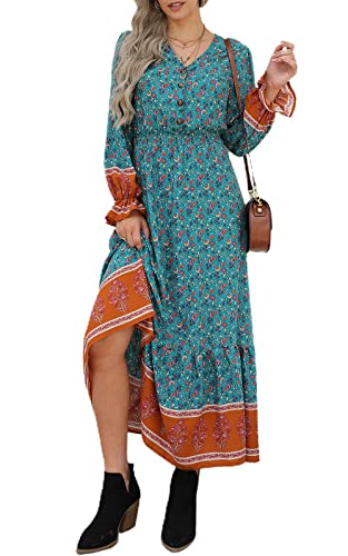 PRETTYGARDEN Long Sleeve Maxi Dress for Women V Neck Casual Button Down Boho Long Floral Dresses