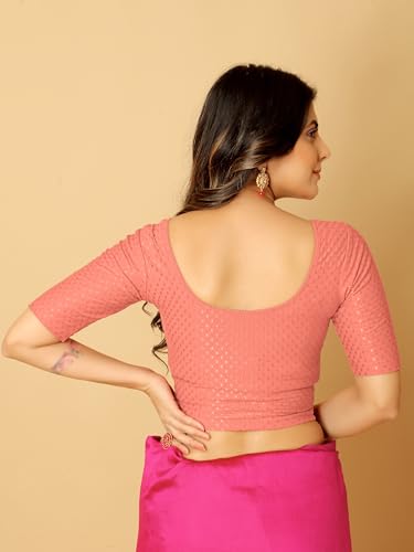 Image of Amazon Brand - Anarva Round Neck Dobby Cotton Lycra Stretchable Elbow Half Sleeve Readymade Saree Blouse for Women Stylish