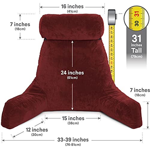 Husband Pillow Xxl Maroon Backrest With Arms - Adult Reading Pillow With Shredded Memory Foam, Ultra-Comfy Removable Microplush Cover & Detachable Neck Roll, Unmatched Support Bed Rest Sit Up Pillow #TOP1