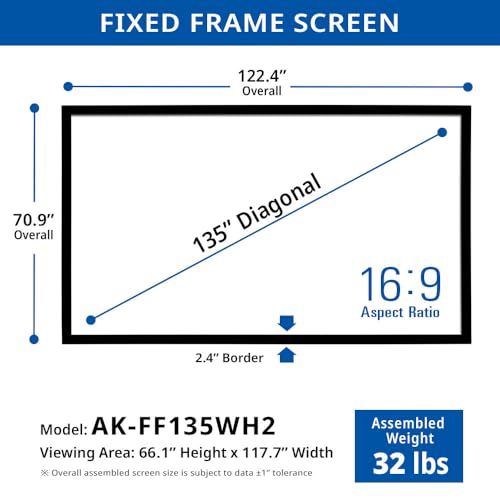 Image of Akia Screens Fixed Frame Projector Screen 135-Inch, 16:9, Wall Mount, CINEWHITE UHD-B, 4K /8K Ready, Indoor Home Theater, AK-FF135WH2