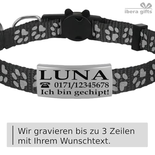 Ibera gifts - Katzenhalsband Personalisiert, Katzenhalsband mit Namen Für Katzen mit Sicherheitsverschluss Selbstöffnend, Reflektierend (Schwarz)